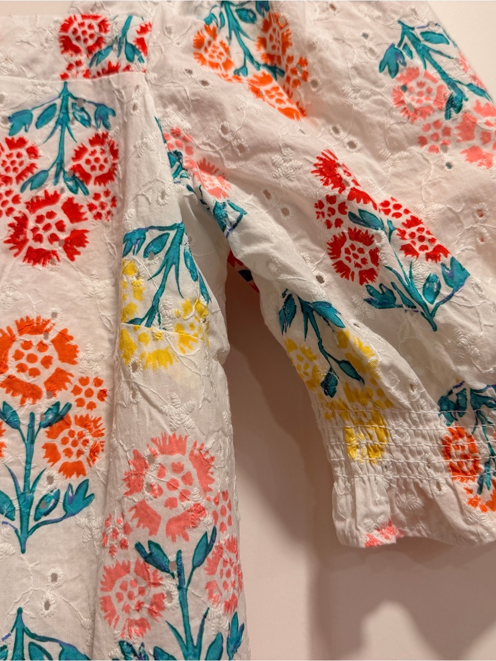 Eyelet Puff Sleeve Floral Square Neck Top - White with Multi Floral - Picture 5 of 7